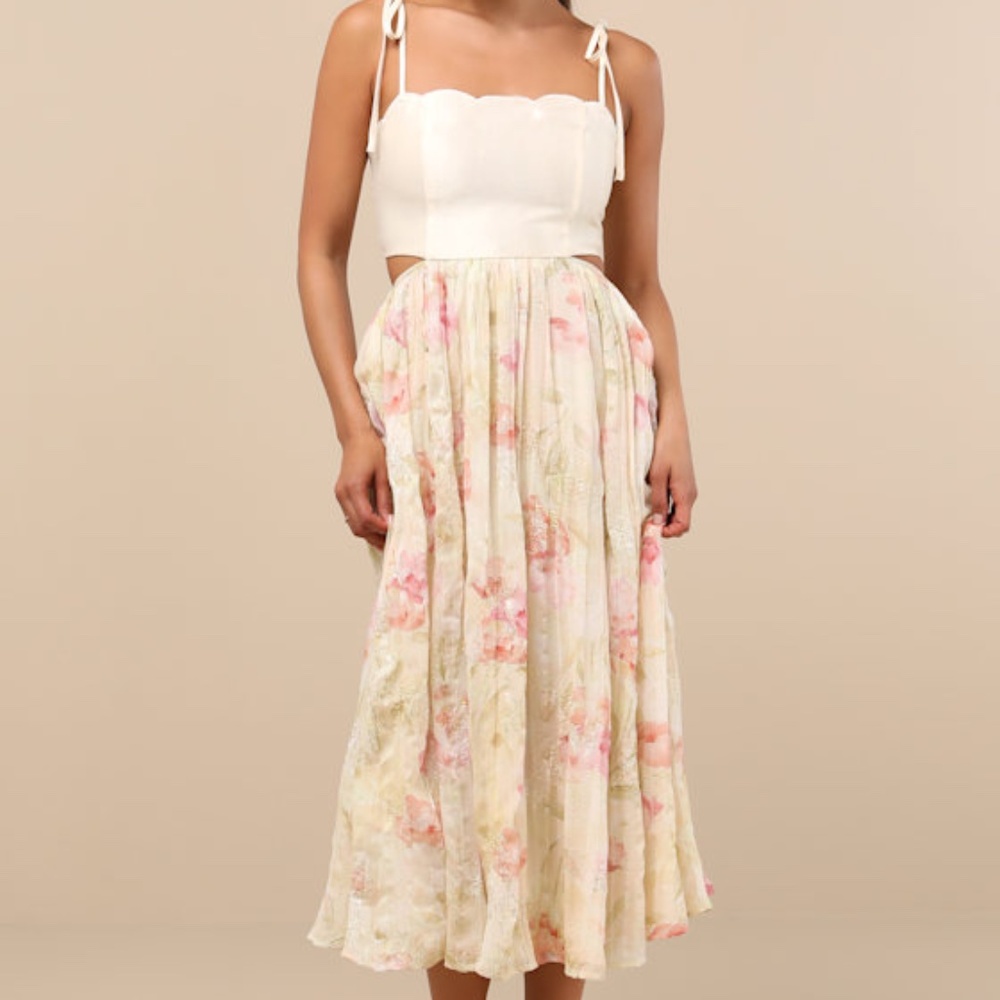 Lulus Rosalee Ivory Floral Mixed Media Midi Dress White - Size L